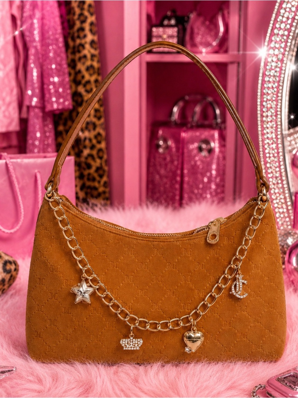 NWT Juicy Couture Cognac Embossed Logo Charm Chain Y2K Shoulder Bag